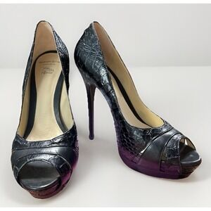 Alexandre Birman x Saks Fifth Avenue Black Snakeskin Peep Toe Platform Heels 10